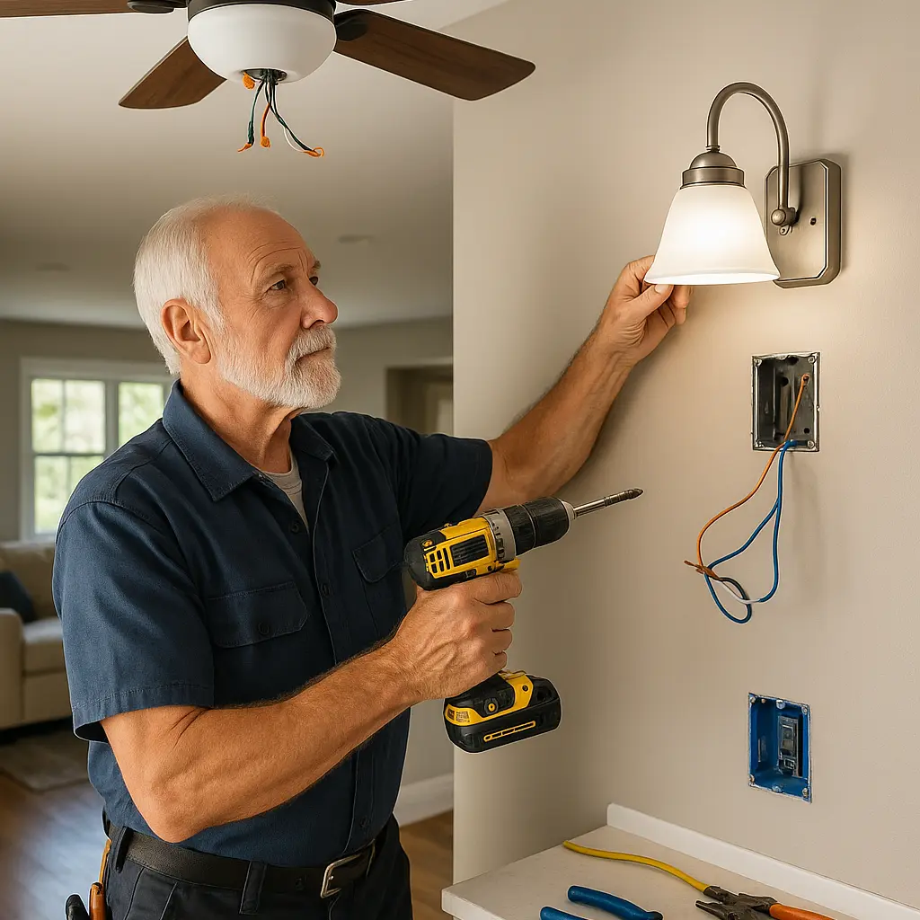 An image of a technician repairing a modern pool heating system next to a luxurious outdoor pool. The scene is set in a sunny backyard.